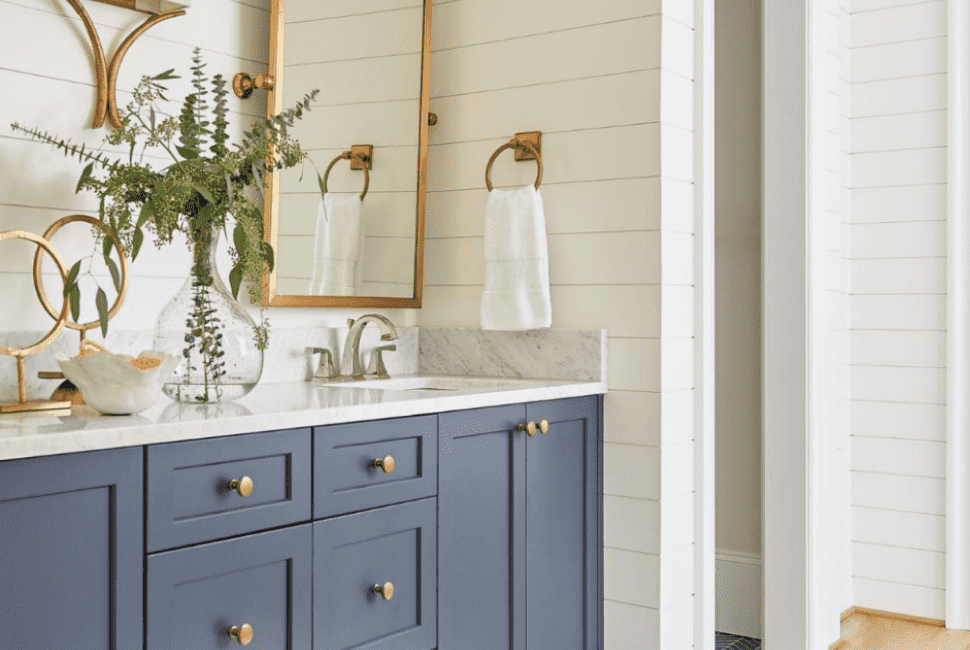 A blue and white bathroom design